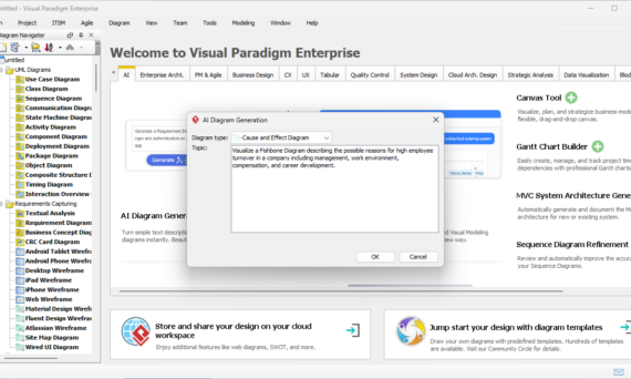Transforme descrições de problemas em diagramas de causa e efeito instantaneamente com IA