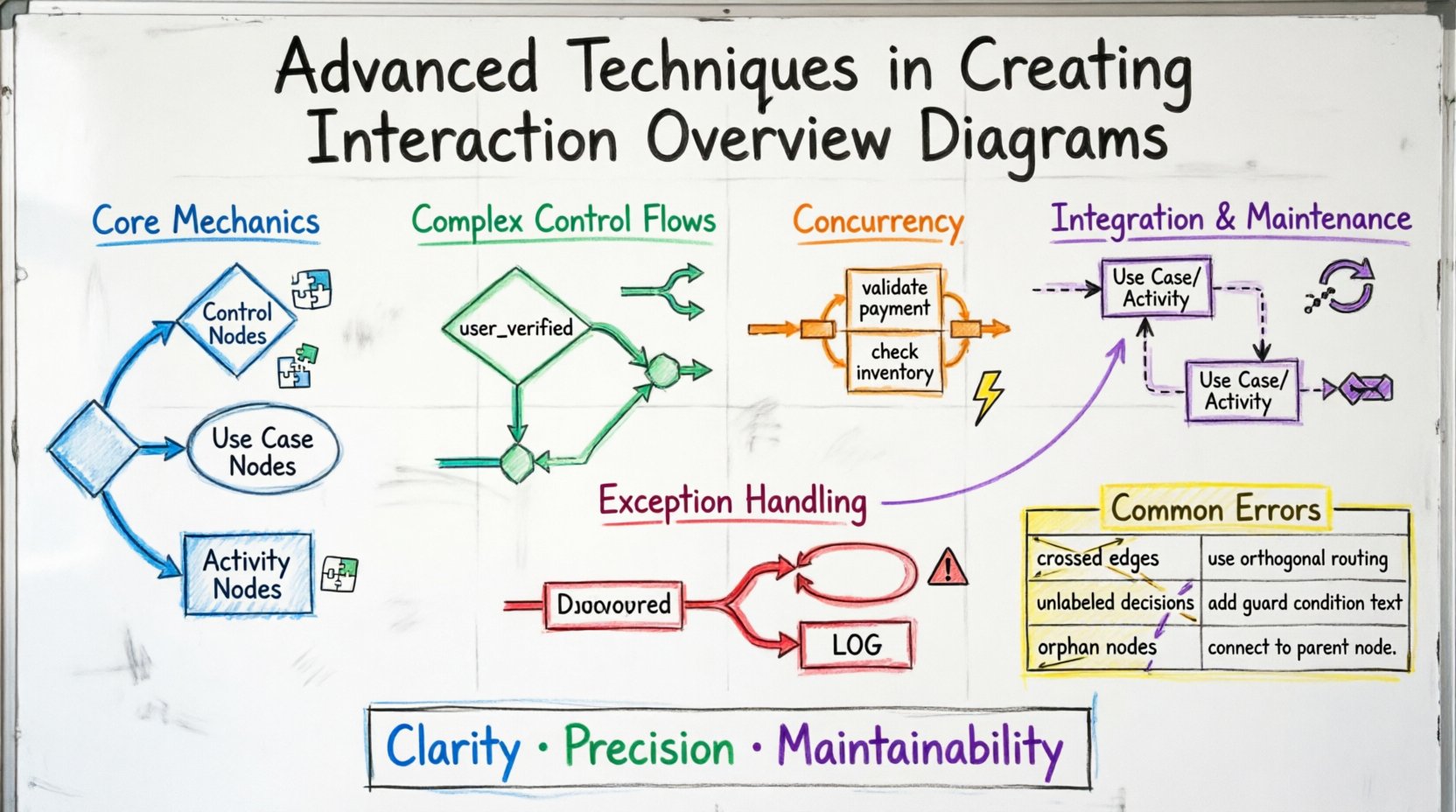 Hand-drawn whiteboard infographic illustrating advanced techniques for Interaction Overview Diagrams including control nodes, decision flows with guard conditions, concurrency using fork/join nodes, exception handling paths, integration with Use Case and Activity diagrams, common modeling errors with corrections, and best practices for maintainability and scalability