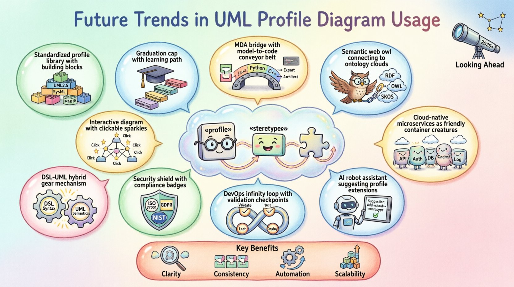 Whimsical infographic illustrating 10 future trends in UML profile diagram usage: domain-specific extensions, model-driven architecture integration, semantic web alignment, cloud-native modeling, AI-assisted generation, DevOps pipeline integration, security compliance, DSL convergence, interactive visualization, and educational adoption strategies, with playful icons and colorful illustrations showing how UML profiles evolve for modern software development.