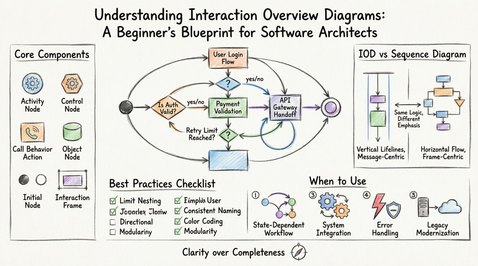 Marker-style infographic explaining Interaction Overview Diagrams (IOD) for software architects: shows core UML notation components, comparison with Sequence Diagrams, when-to-use scenarios, step-by-step construction process, and best practices for visualizing complex software workflows in a 16:9 educational layout