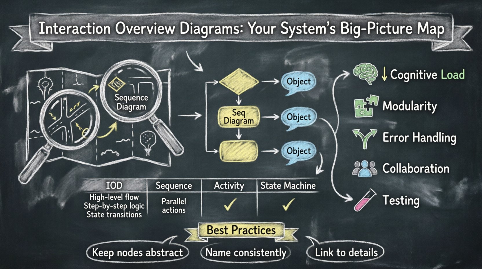 Chalkboard-style educational infographic explaining Interaction Overview Diagrams (IOD): shows IOD as a journey map connecting Sequence Diagrams, core UML components (control nodes, interaction nodes, object nodes), benefits like reduced cognitive load and improved modularity, comparison with other UML diagrams, and best practices for system architecture visualization