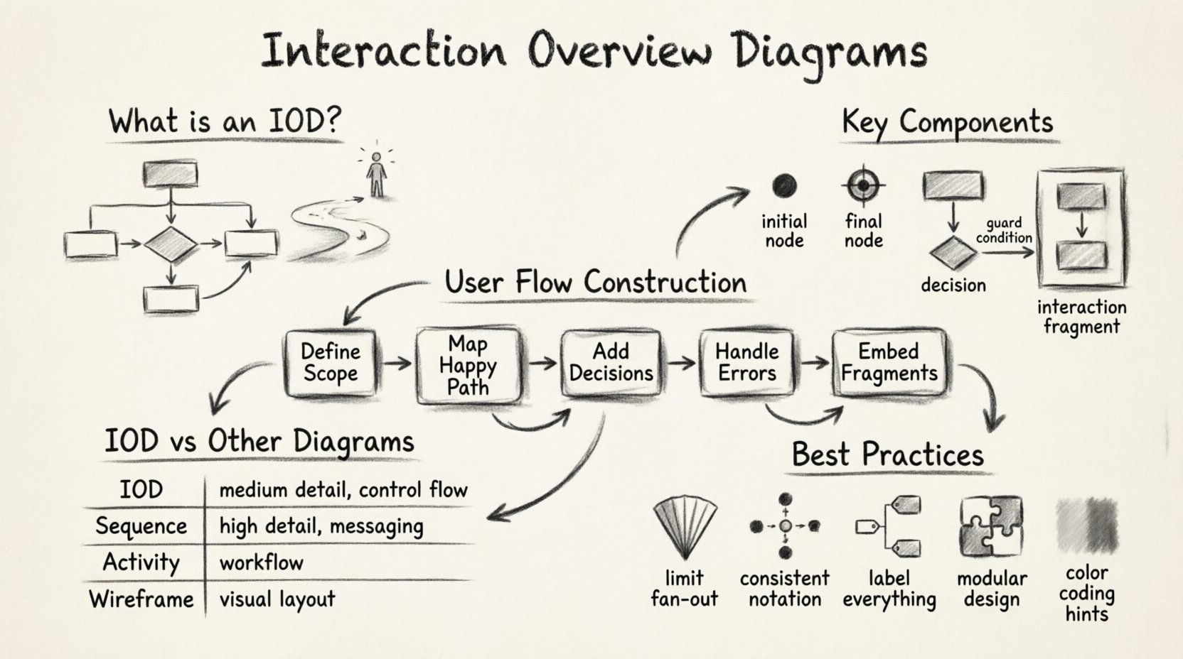 Charcoal sketch infographic explaining Interaction Overview Diagrams (IODs) in UML: illustrates key components including initial/final nodes, activity nodes, decision diamonds, control flow edges with guard conditions, and interaction fragments; displays 5-step user flow construction process (define scope, map happy path, identify decisions, handle errors, embed fragments); compares IOD to sequence diagrams, state machines, activity diagrams, and wireframes by focus and detail level; features best practices for clarity such as limiting fan-out, consistent UML notation, labeling, modularity, and visual hierarchy; rendered in artistic charcoal contour style with hand-drawn typography and soft shading for professional yet approachable visual communication
