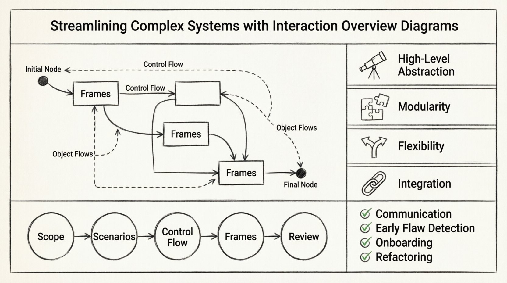 Line art infographic explaining Interaction Overview Diagrams (IODs) in UML for software architecture, featuring visual breakdown of frames, control flow edges, and object flows, plus key characteristics, creation steps, and benefits for managing complex system interactions