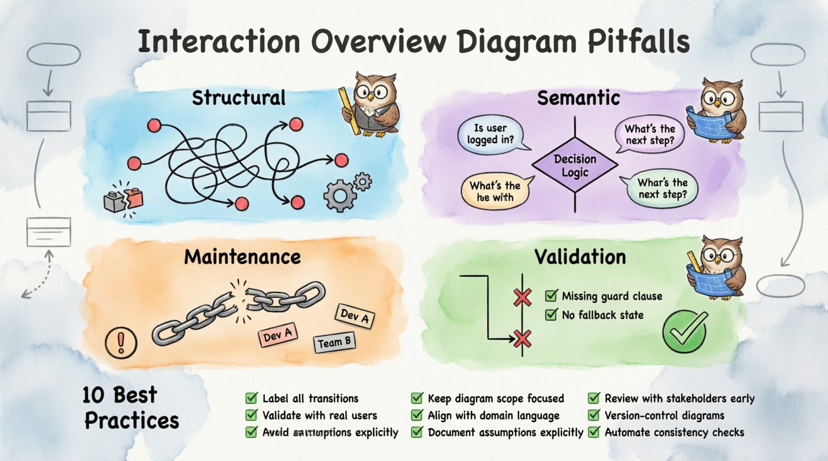 Whimsical infographic illustrating 10 common pitfalls in UML Interaction Overview Diagrams across four categories: Structural (overlapping flows, missing nodes, mixed granularity), Semantic (missing parameters, confused lifelines, misused decision nodes), Maintenance (lack of traceability, inconsistent naming), and Validation (skipping walkthroughs, ignoring exceptions). Features friendly cartoon owl architect, color-coded sections, quick-fix tips, and a best practices checklist to help software architects create clear, maintainable system diagrams.