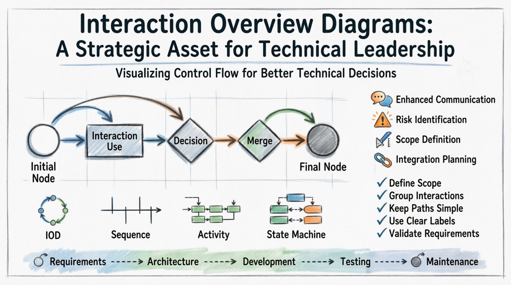 Marker illustration infographic explaining Interaction Overview Diagrams (IODs) for technical leadership: shows IOD anatomy with initial node, interaction use, decision, merge, and final nodes; highlights four strategic benefits (enhanced communication, risk identification, scope definition, integration planning); compares IODs with Sequence, Activity, and State Machine diagrams; includes best practices checklist and five-phase workflow integration timeline; hand-drawn marker style with vibrant professional colors, 16:9 aspect ratio, English text