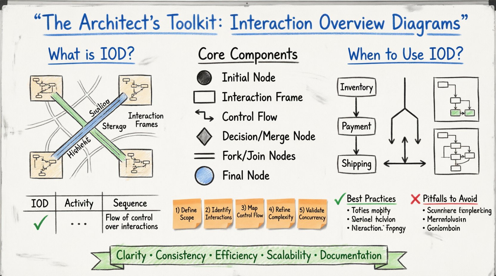 Hand-drawn whiteboard infographic explaining Interaction Overview Diagrams (IOD) in UML: core components like interaction frames and control flows, when to use IODs for complex workflows and parallel processing, comparison with activity and sequence diagrams, 5-step construction process, best practices, common pitfalls, and architectural benefits for software development teams