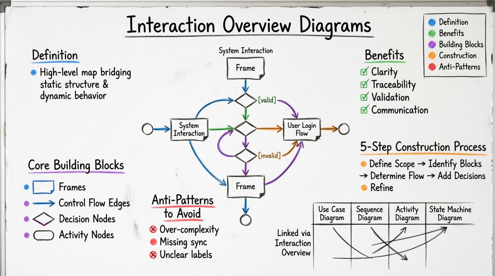 Hand-drawn whiteboard infographic explaining UML interaction overview diagrams for software architecture, featuring color-coded sections: blue for core definitions, green for benefits like clarity and traceability, purple for building blocks including frames and decision nodes, orange for the 5-step construction process, and red for anti-patterns to avoid; central visual shows a sample control flow diagram with labeled frames, diamond decision nodes with guard conditions, and directional arrows; includes integration references to sequence, use case, and activity diagrams for comprehensive system modeling education