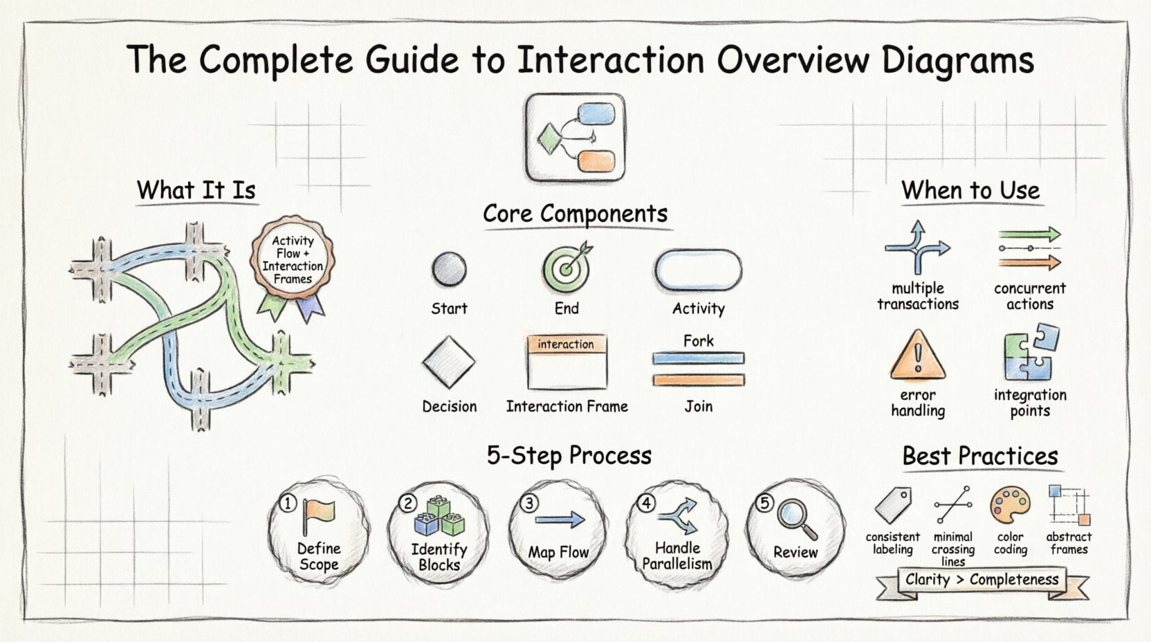 Hand-drawn infographic guide to Interaction Overview Diagrams in UML, illustrating core components like activity nodes, interaction frames, and control flow elements, with step-by-step creation process, use cases, and best practices for clear software architecture documentation