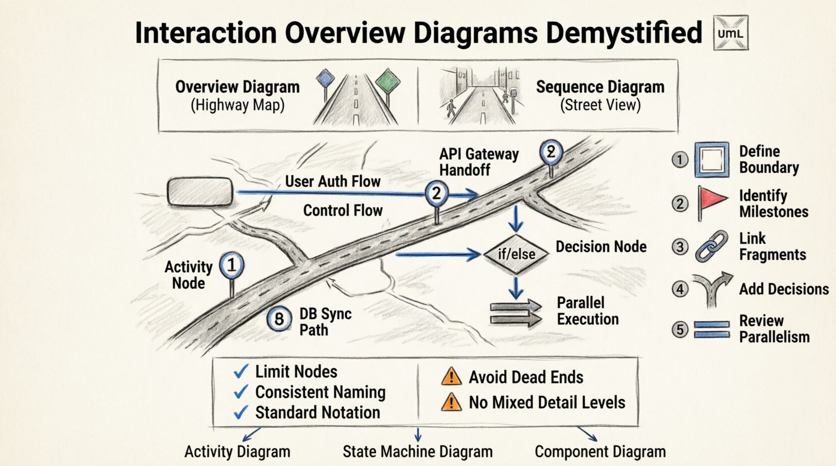 Sketch-style infographic explaining Interaction Overview Diagrams for software architects: features highway map metaphor for macro-level control flow, UML component symbols (activity nodes, decision diamonds, control arrows), 5-step construction workflow, comparison with sequence diagrams, best practices checklist, and integration with other UML artifacts, presented in clean monochrome pencil-sketch aesthetic with blue accents