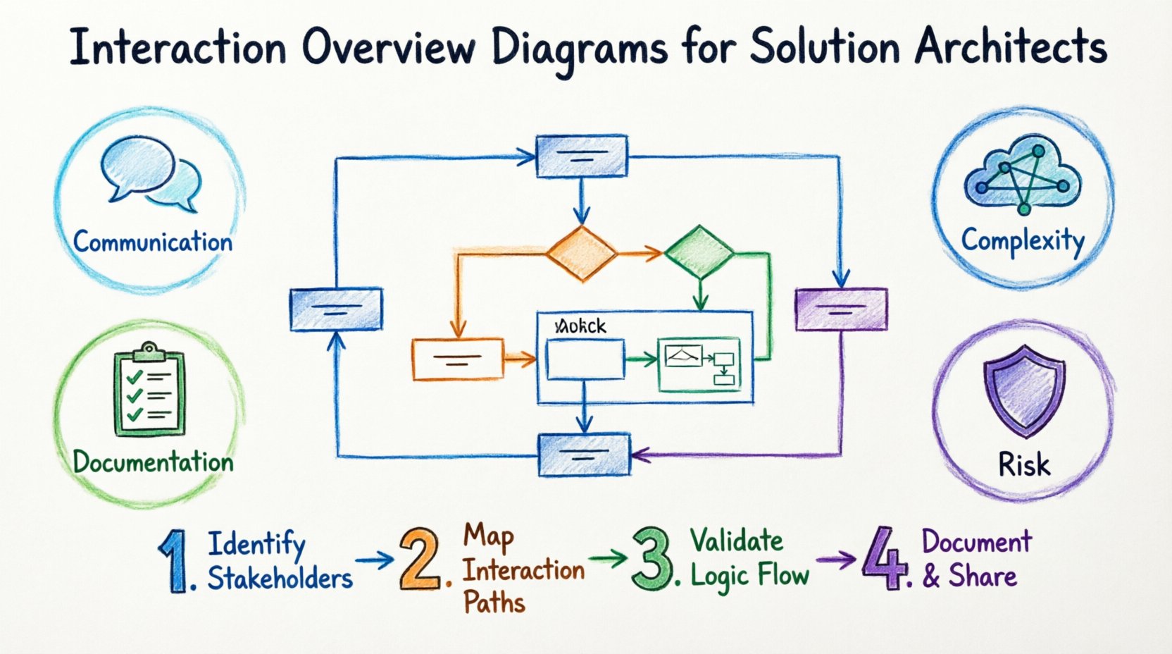Marker illustration infographic explaining why Interaction Overview Diagrams are essential for modern solution architects, featuring a central UML IOD with control flow arrows, decision diamonds, and embedded sequence diagrams, surrounded by four key benefits: bridging communication gaps, managing distributed system complexity, early risk identification, and standardizing documentation, plus a 4-step implementation workflow and real-world application scenarios
