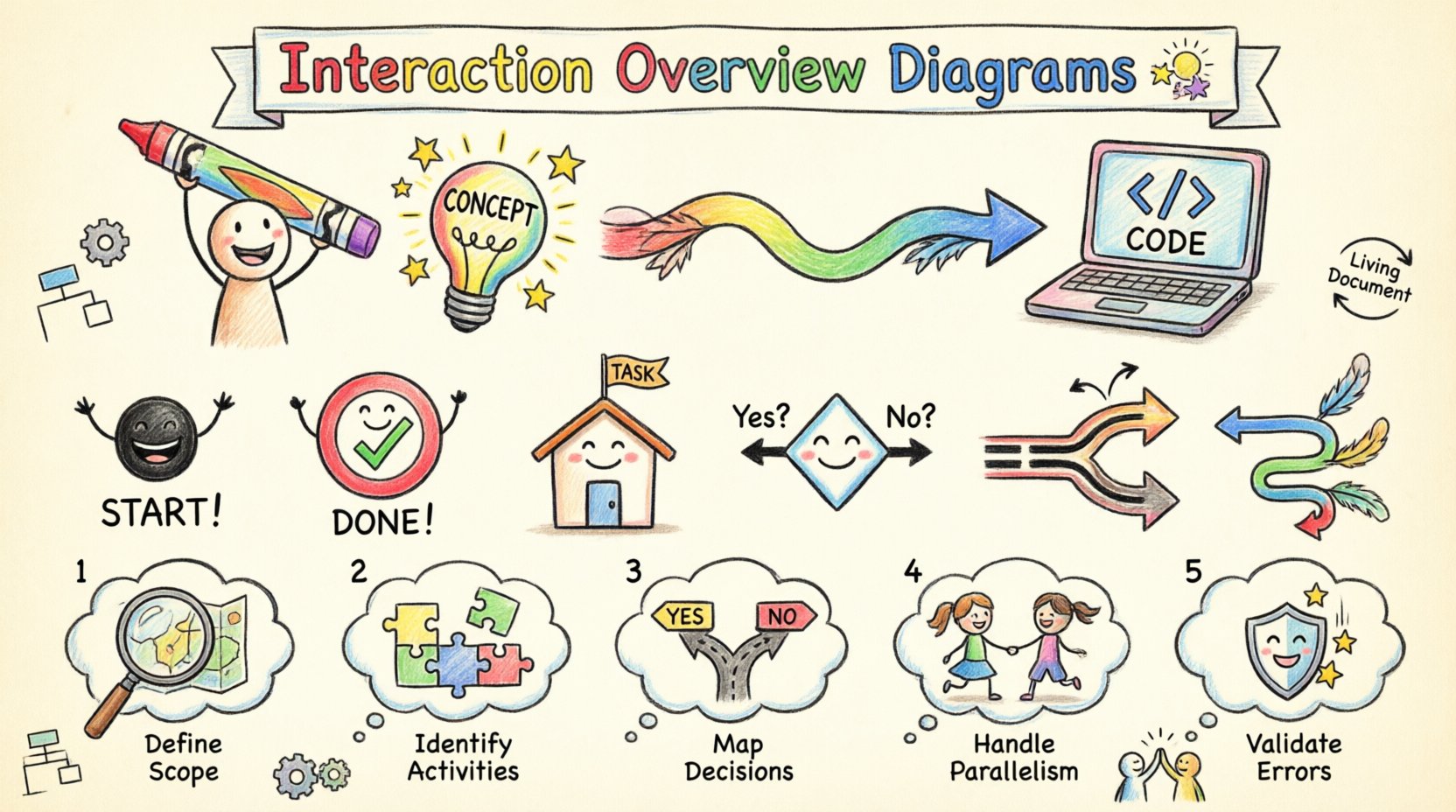 Child's drawing style infographic explaining Interaction Overview Diagrams for Technical Leads: features playful crayon illustrations of UML elements including start/end nodes, activity boxes, decision diamonds, and fork/join bars; shows step-by-step workflow from concept lightbulb to code laptop; includes colorful arrows, happy character icons, and key takeaways about mapping system control flow, handling parallelism, and maintaining living documentation; designed in bright primary colors with hand-drawn aesthetic on 16:9 horizontal layout for educational tech content