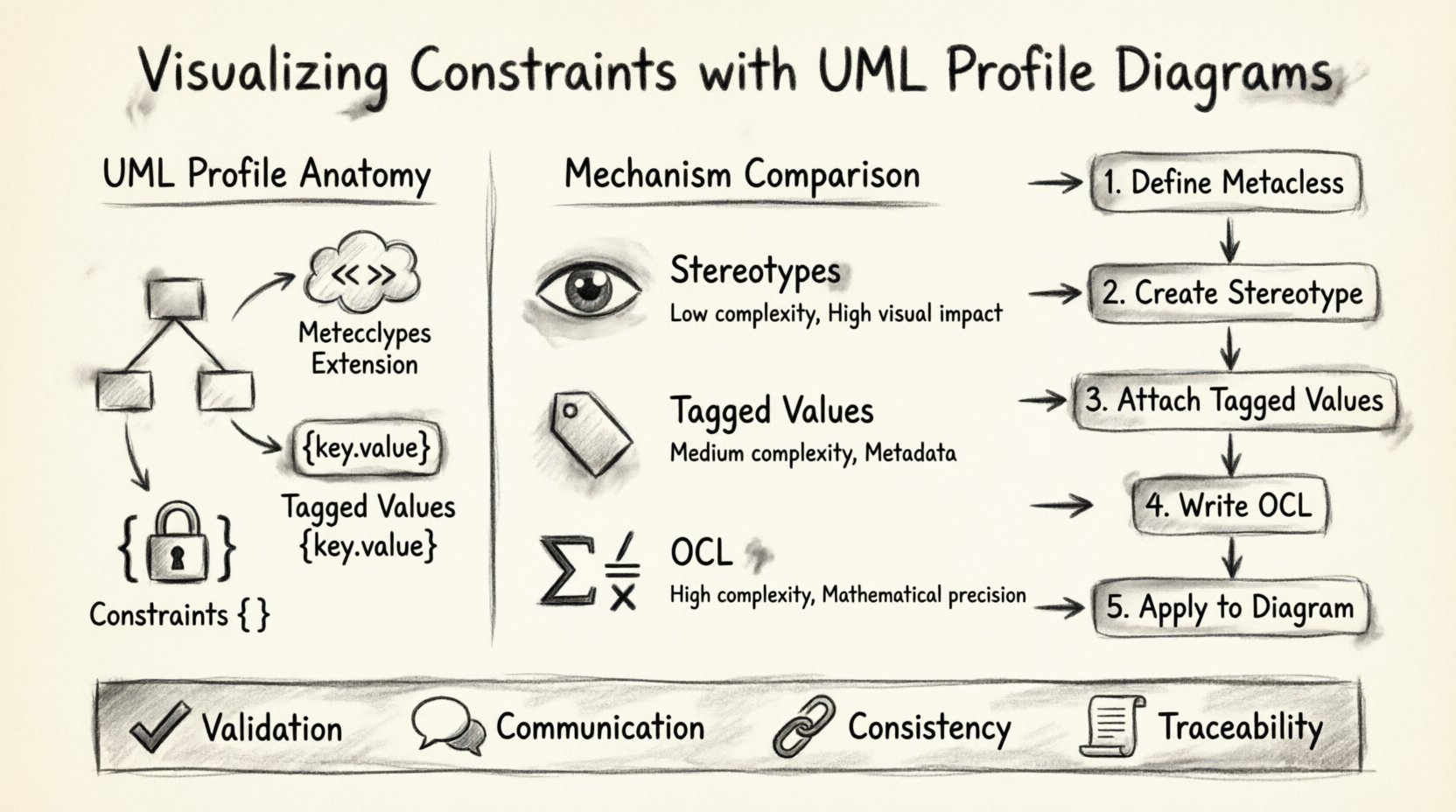 Charcoal contour sketch infographic illustrating how to visualize constraints with UML Profile Diagrams: shows four key profile components (Metaclass Extension, Stereotypes, Tagged Values, Constraints), compares three constraint mechanisms (Stereotypes for visual flags, Tagged Values for metadata, OCL for logical precision) with complexity and visual impact ratings, displays a 5-step implementation workflow from defining metaclasses to applying profiles, and highlights core benefits including validation, communication, consistency, and traceability—all rendered in hand-drawn charcoal style with cross-hatching texture on 16:9 canvas