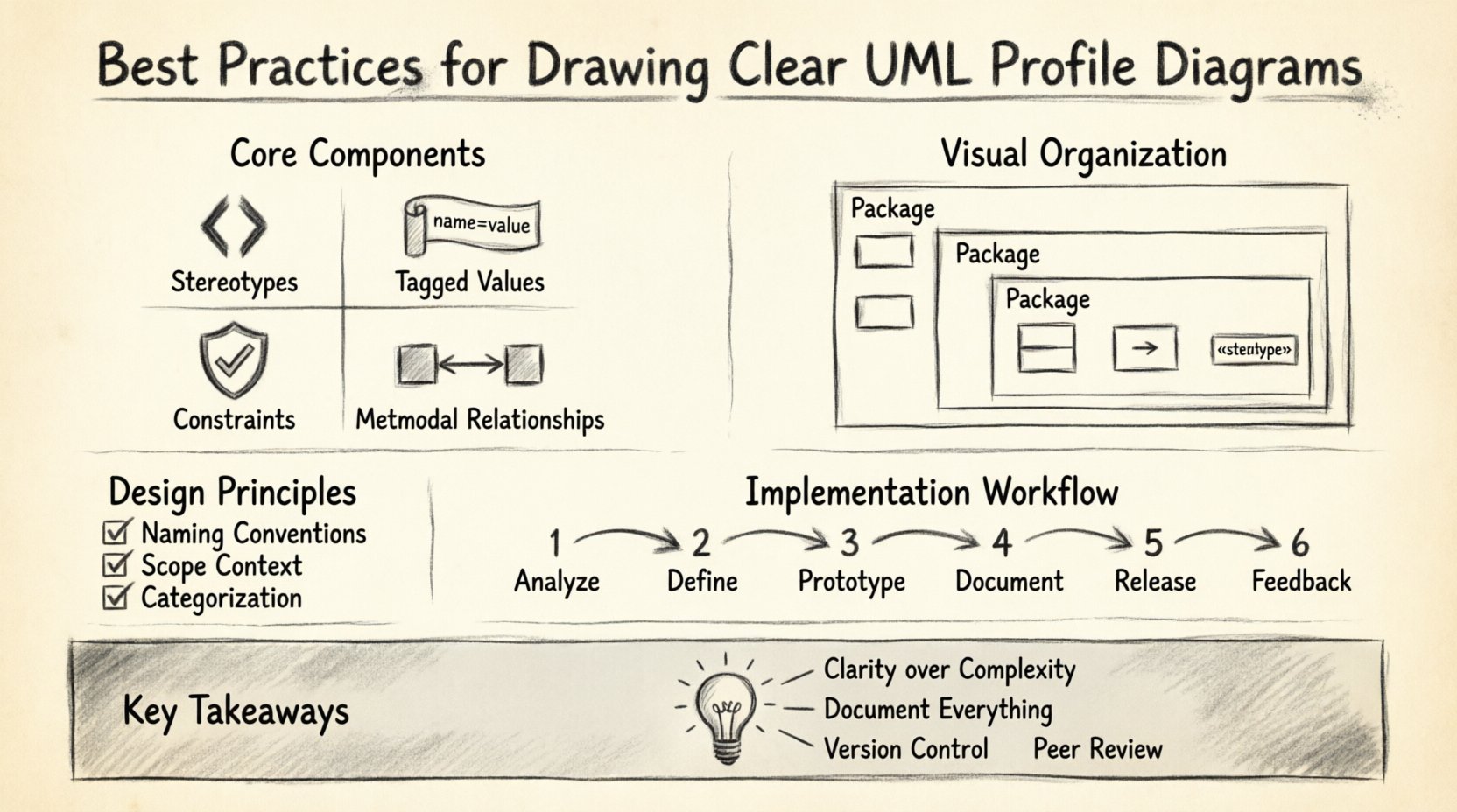 Charcoal sketch infographic illustrating best practices for creating clear UML Profile Diagrams, featuring core components (stereotypes with guillemets, tagged values, constraints, metamodel relationships), design principles for naming conventions and scope management, visual organization strategies with package grouping and consistent notation, six-step implementation workflow (Analyze→Define→Prototype→Document→Release→Feedback), and key takeaways emphasizing clarity over complexity, thorough documentation, semantic versioning, and peer review for effective domain-specific UML modeling