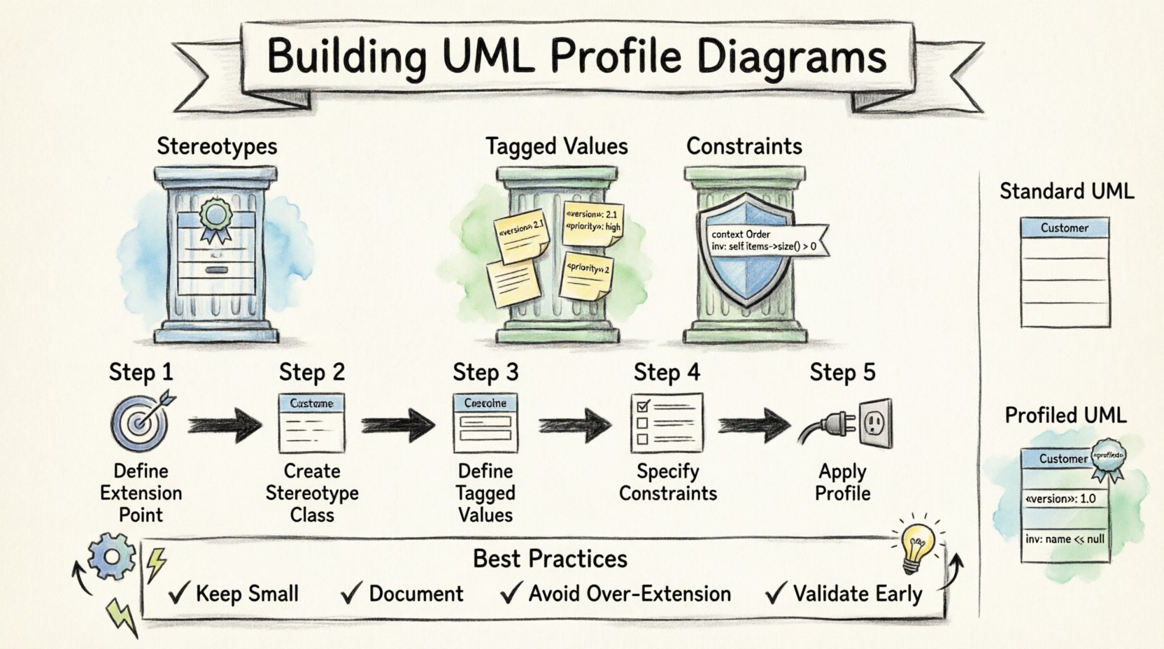 Hand-drawn infographic guide to building UML Profile Diagrams featuring three core pillars (Stereotypes, Tagged Values, Constraints), a five-step workflow process, standard vs profiled element comparison, and best practices checklist, illustrated with thick outline strokes and soft watercolor accents for software architects and modelers