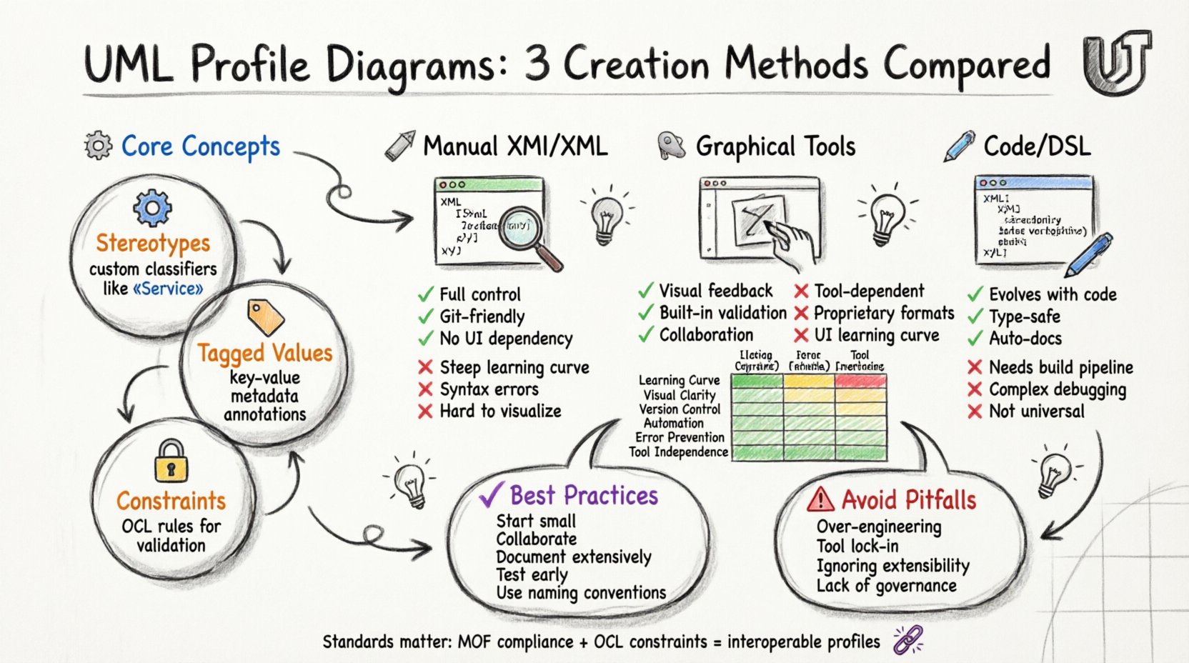 Hand-drawn whiteboard infographic comparing three methods for creating UML Profile Diagrams: Manual XMI/XML editing, Graphical Modeling Tools, and Code Annotations/DSL. Shows core concepts (stereotypes, tagged values, constraints), pros and cons of each method, comparison matrix across six factors (learning curve, visual clarity, version control, automation, error prevention, tool independence), best practices, and common pitfalls. Color-coded markers highlight advantages in green, disadvantages in red, key terms in orange, and recommendations in purple for intuitive visual learning.