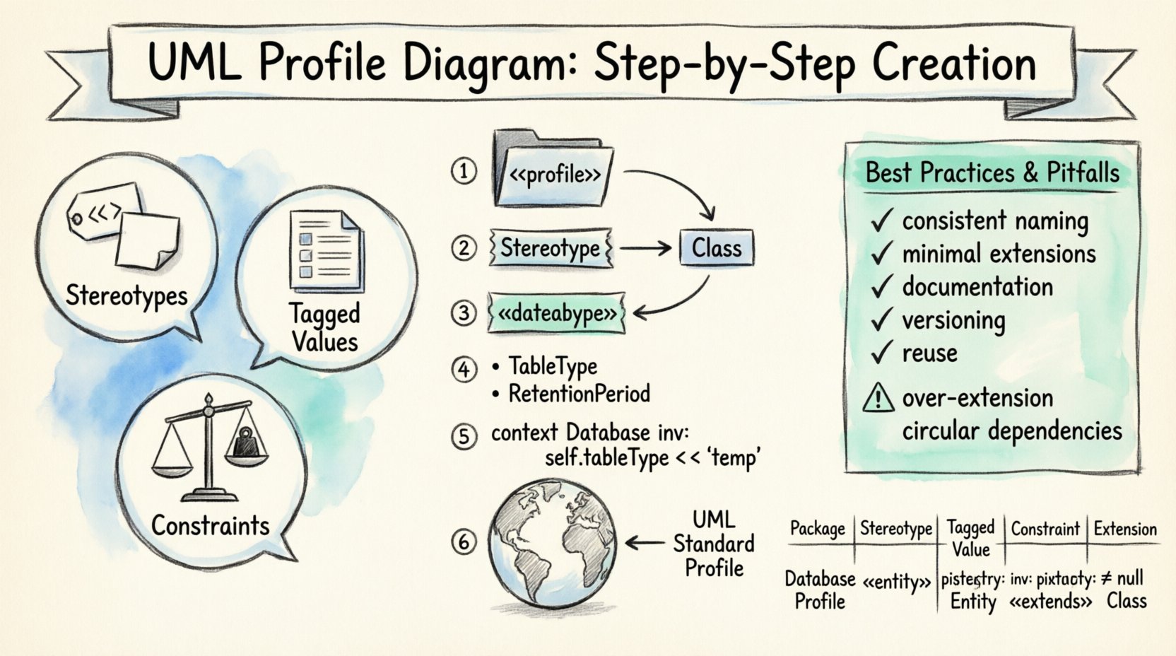 Hand-drawn infographic tutorial showing step-by-step creation of UML Profile Diagrams, featuring core concepts (stereotypes, tagged values, constraints), six-step process flow (define package, extend metaclass, define stereotypes, add properties, apply constraints, link namespace), best practices checklist, and component reference table for software architecture modeling