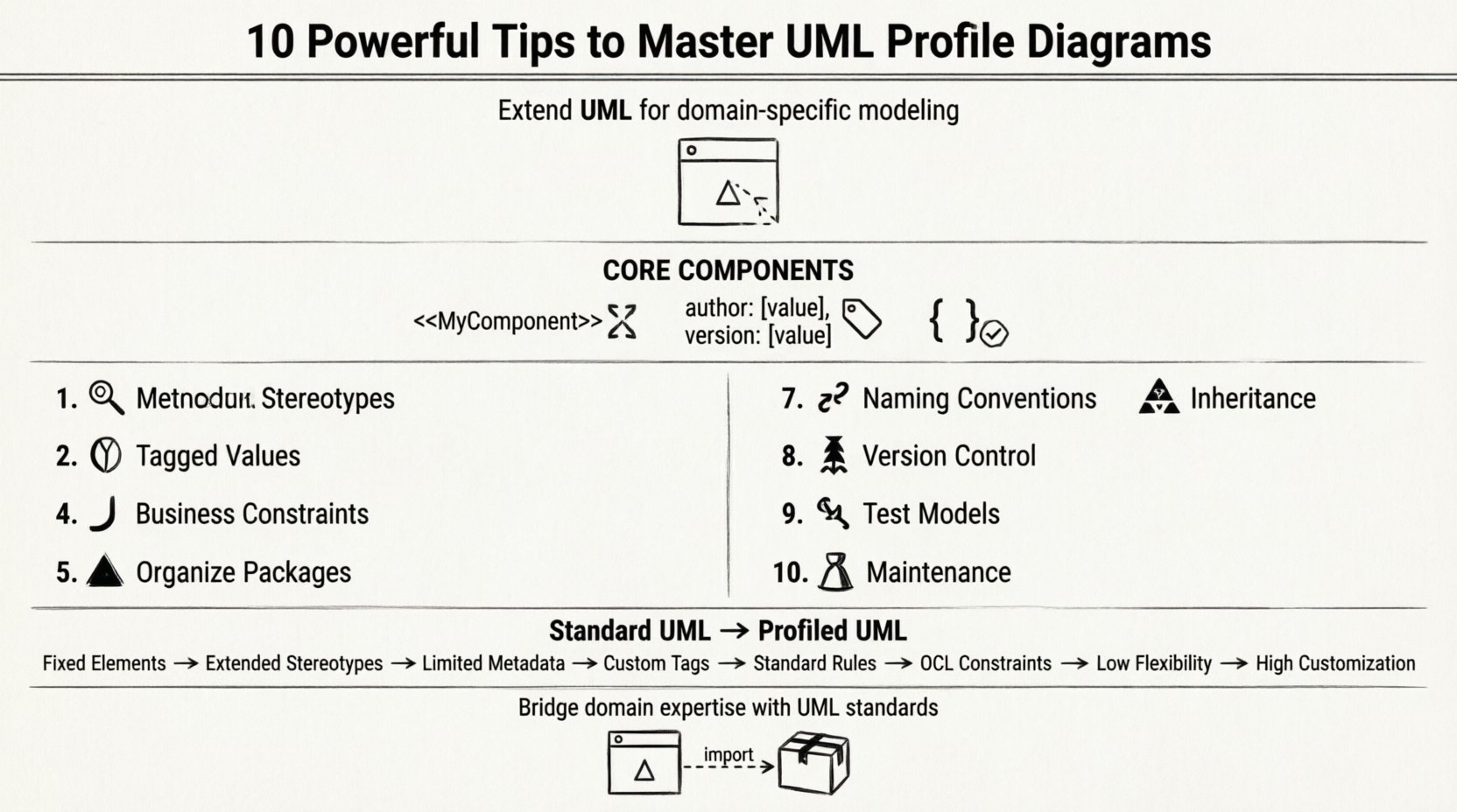 Line art infographic illustrating 10 strategic tips to master UML Profile Diagrams, featuring core components like stereotypes, tagged values, and constraints, with visual comparison between standard and profiled UML modeling approaches for software architecture