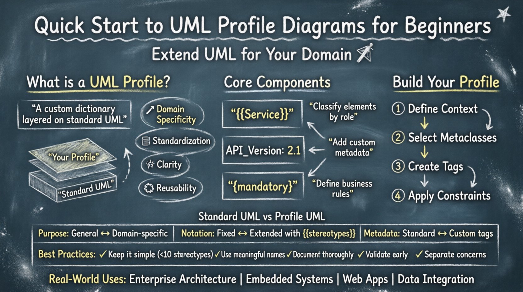 Chalkboard-style educational infographic explaining UML Profile Diagrams for beginners, featuring hand-written explanations of stereotypes, tagged values, and constraints, with a step-by-step profile building process, comparison table of Standard UML vs Profile UML, best practices checklist, and real-world use cases in enterprise architecture, embedded systems, web development, and data integration