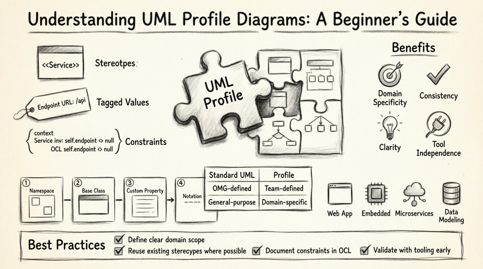 Charcoal sketch infographic explaining UML Profile Diagrams for beginners: illustrates core components including stereotypes, tagged values, and constraints; compares standard UML vs profiles; shows 4-step creation process; highlights use cases for web apps, embedded systems, microservices, and data modeling; includes best practices checklist in hand-drawn contour style with monochrome shading