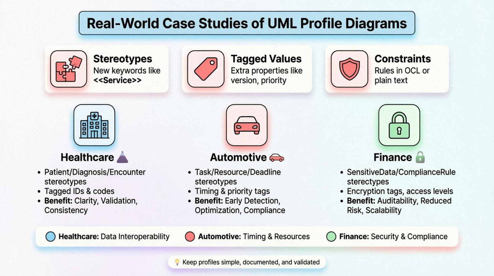 Infographic showing real-world case studies of UML Profile Diagrams in healthcare, automotive, and finance industries, featuring core components (stereotypes, tagged values, constraints), domain-specific applications, and key benefits for software modeling and system design