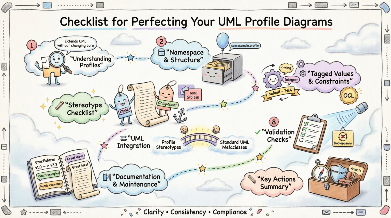 Whimsical infographic checklist for perfecting UML profile diagrams featuring 8 illustrated sections: understanding profile mechanisms, namespace management, stereotype definition, tagged values and constraints, UML integration, validation checks, documentation practices, and key action summary. Playful pastel design with hand-drawn icons including puzzle pieces, filing cabinets, tags, gears, bridges, checkmarks, and notebooks connected by a starry path. Visual guide for modelers to create reusable, consistent, and compliant UML profile extensions with clarity and semantic precision.