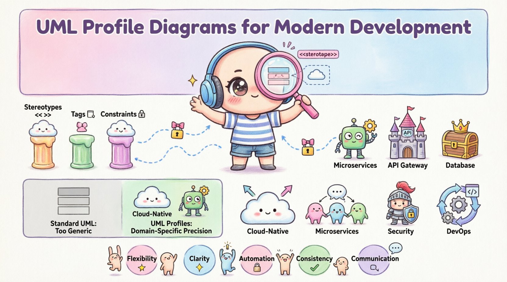 Chibi-style infographic explaining UML Profile Diagrams for modern software development, illustrating how stereotypes, tags, and constraints extend standard UML for cloud-native architectures, microservices, API contracts, and security compliance, with cute character illustrations comparing generic UML elements to domain-specific profile extensions