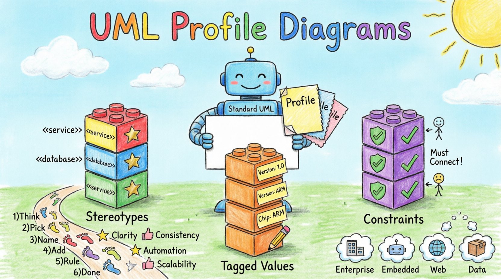 Child's drawing style infographic explaining UML Profile Diagrams: shows stereotypes, tagged values, and constraints as colorful playful towers, with a friendly robot representing Standard UML receiving profile stickers, simple 6-step workflow path, and use case icons for enterprise, embedded systems, web development, and data modeling - educational visual guide in bright crayon art style with handwritten English labels