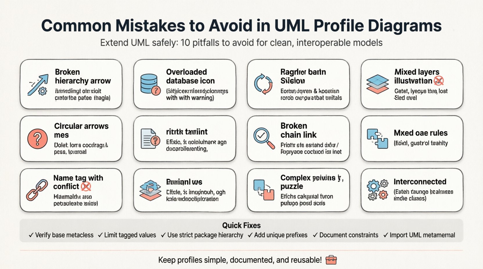 Infographic titled 'Common Mistakes to Avoid in UML Profile Diagrams' featuring a clean flat design with rounded icons and pastel accents. Shows 10 key pitfalls: violating metaclass hierarchy, overloading stereotypes, circular dependencies, namespace conflicts, inconsistent documentation, mismanaged dependencies, mixing profile/domain models, neglecting validation, overcomplicating metamodels, and ignoring interoperability. Each mistake includes a simple black-outline icon with sky blue or coral pink accents and a one-line prevention tip. Bottom section summarizes quick fixes: verify base metaclass, limit tagged values, use strict package hierarchy, add unique prefixes, document constraints, and import UML metamodel. Designed with ample white space and friendly tone for students and social media sharing.