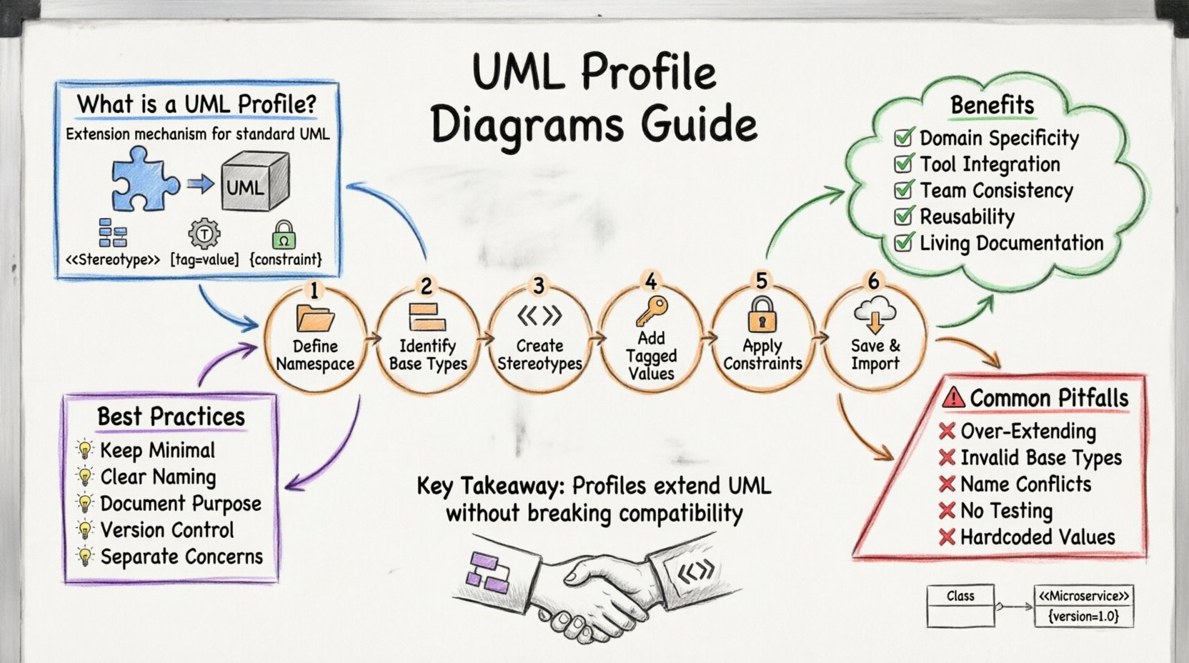 Hand-drawn whiteboard infographic explaining UML Profile Diagrams: central title with five color-coded sections showing core concepts (stereotypes, tagged values, constraints in blue), benefits like domain specificity and reusability (green), six-step creation process flowchart (orange), best practices for modeling (purple), and common mistakes to avoid (red), all in sketchy marker style on whiteboard grid background with UML notation examples