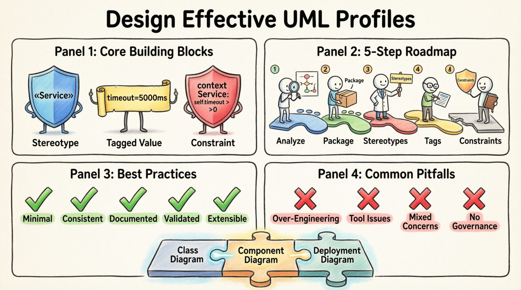 Cartoon infographic illustrating how to design effective UML Profile diagrams: shows core components (stereotypes, tagged values, constraints), 5-step design process, best practices checklist, and common pitfalls to avoid for software architecture modeling