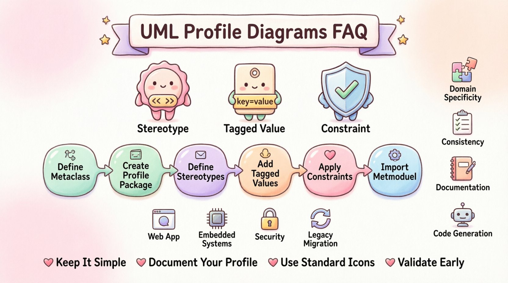 Kawaii cute vector infographic explaining UML Profile Diagrams FAQ with pastel colors, featuring the three pillars (stereotypes, tagged values, constraints), profile creation workflow, benefits, use cases, and best practices in simplified rounded shapes with adorable character icons