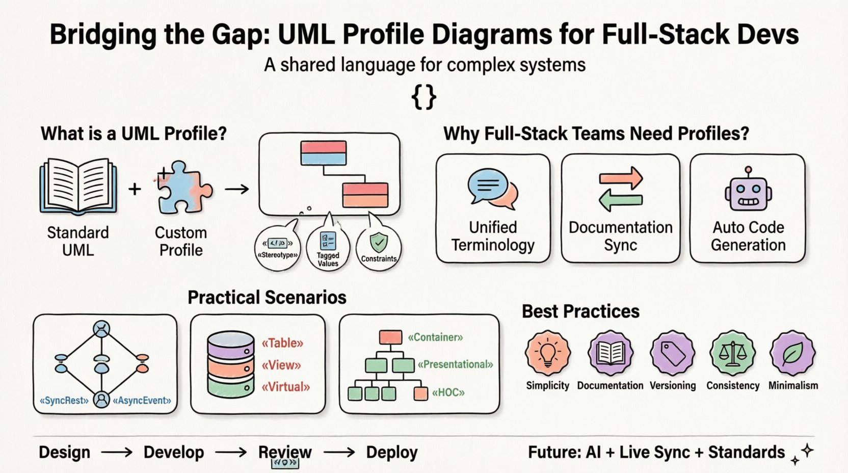 Infographic: Bridging the Gap - UML Profile Diagrams for Full-Stack Developers. Clean flat design showing: (1) UML Profile definition as extension mechanism with stereotypes, tagged values, and constraints icons; (2) Three key benefits for teams: unified terminology, documentation synchronization, automated code generation; (3) Practical application scenarios: microservices communication with SyncRest/AsyncEvent tags, database schema management with Table/View/Virtual stereotypes, frontend component structure with Container/Presentational/HOC patterns; (4) Best practices checklist: keep it simple, document profiles, version control, enforce consistency, avoid over-engineering; (5) Workflow integration from design to deployment. Visual style: uniform black outlines, pastel accent colors (sky blue, coral pink, mint green), rounded shapes, ample white space, friendly tone for students and social media. Aspect ratio 16:9.
