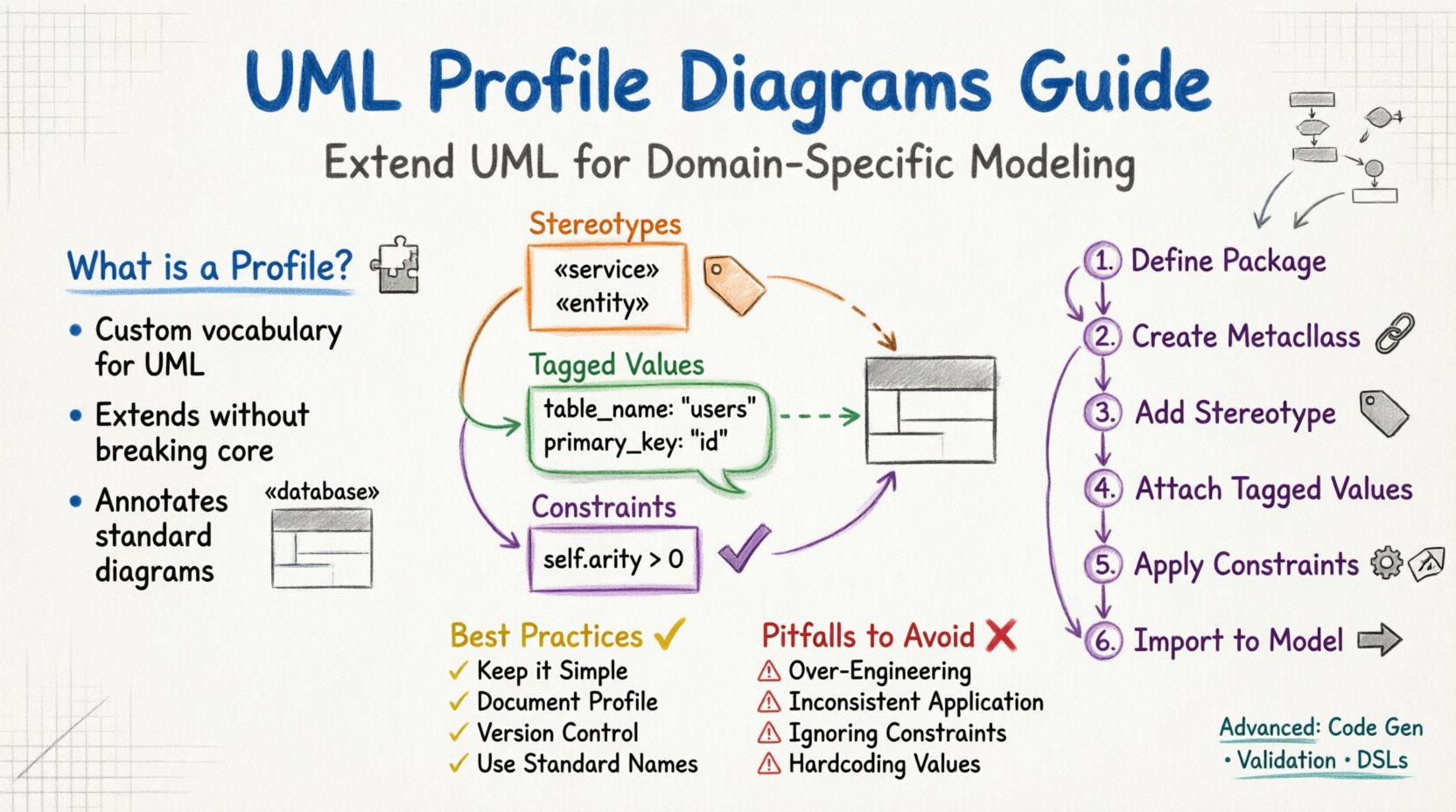 Hand-drawn whiteboard infographic guide to UML Profile Diagrams for mid-level developers, illustrating core components (stereotypes, tagged values, constraints), 6-step profile creation process, best practices, common pitfalls, and integration with sequence/activity/state diagrams using color-coded marker sections for domain-specific UML extension