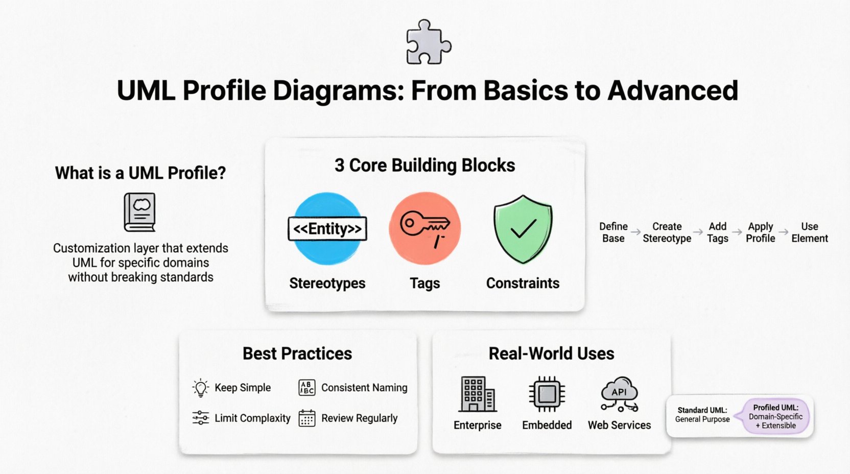 Infographic explaining UML Profile Diagrams with stereotypes, tags, and constraints in simple flat design with pastel colors, showing the extension workflow and best practices for domain-specific modeling