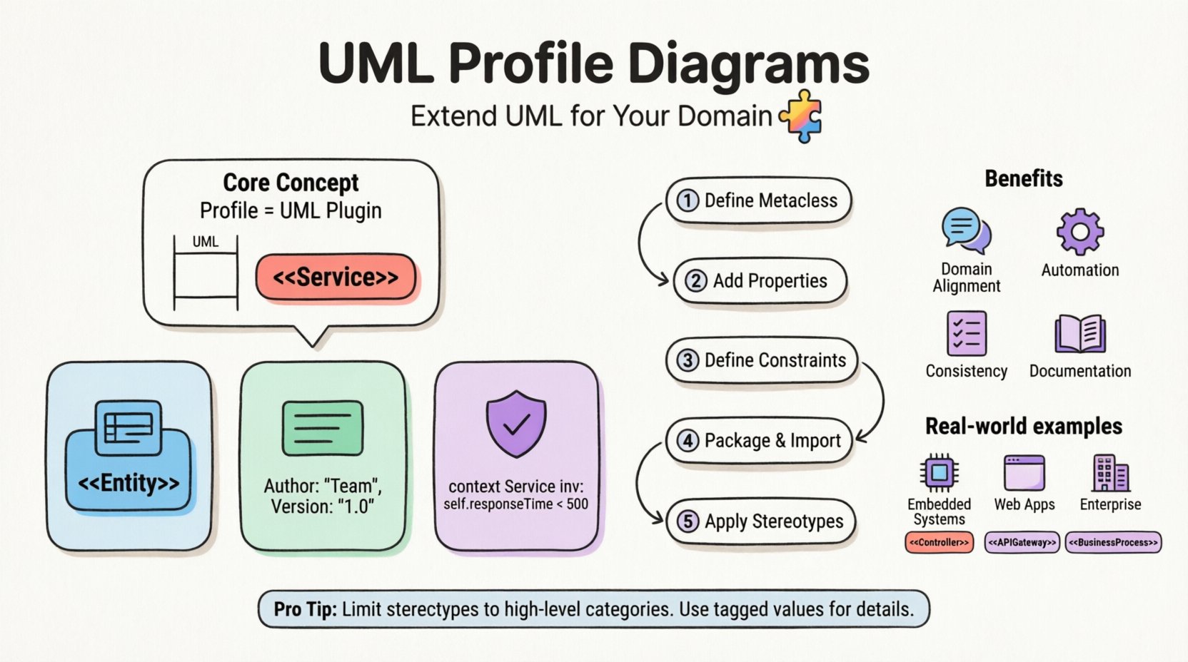 Infographic explaining UML Profile Diagrams with simple flat design: illustrates core concepts including stereotypes, tagged values, and constraints; shows 5-step construction workflow; highlights benefits like domain alignment and automation; features real-world examples for embedded systems, web applications, and enterprise architecture; styled with pastel accents, rounded shapes, and black outline icons for student-friendly educational content