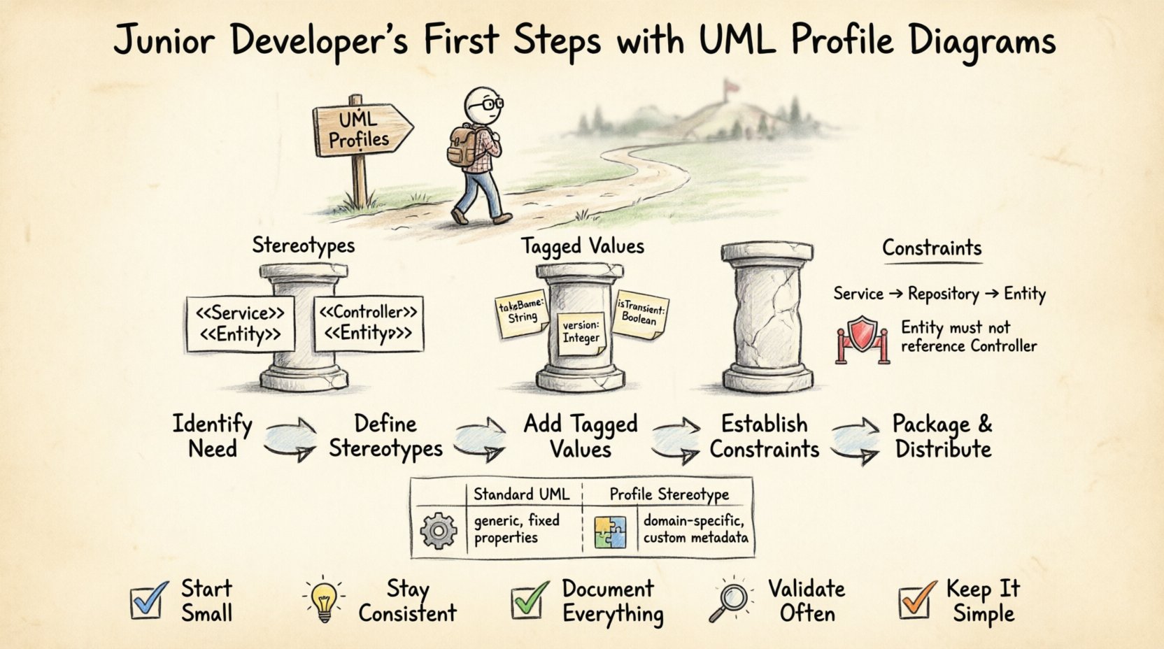 Hand-drawn infographic guide for junior developers on UML Profile Diagrams, illustrating core concepts: stereotypes as semantic labels (Service, Entity, Controller), tagged values for metadata storage, and constraints for architectural rules. Features a 5-step workflow (Identify Need → Define Stereotypes → Add Tagged Values → Establish Constraints → Package), comparison of Standard UML vs Profile Stereotypes, and best practices checklist. Visual style uses sketch-style line art with warm parchment background, guiding viewers through extending UML for domain-specific modeling while maintaining architectural integrity.
