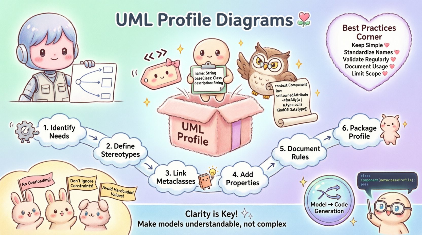 Kawaii-style infographic illustrating UML Profile Diagram techniques for developers, featuring stereotypes, tags, constraints, step-by-step building process, best practices, and common pitfalls in soft pastel colors with cute characters