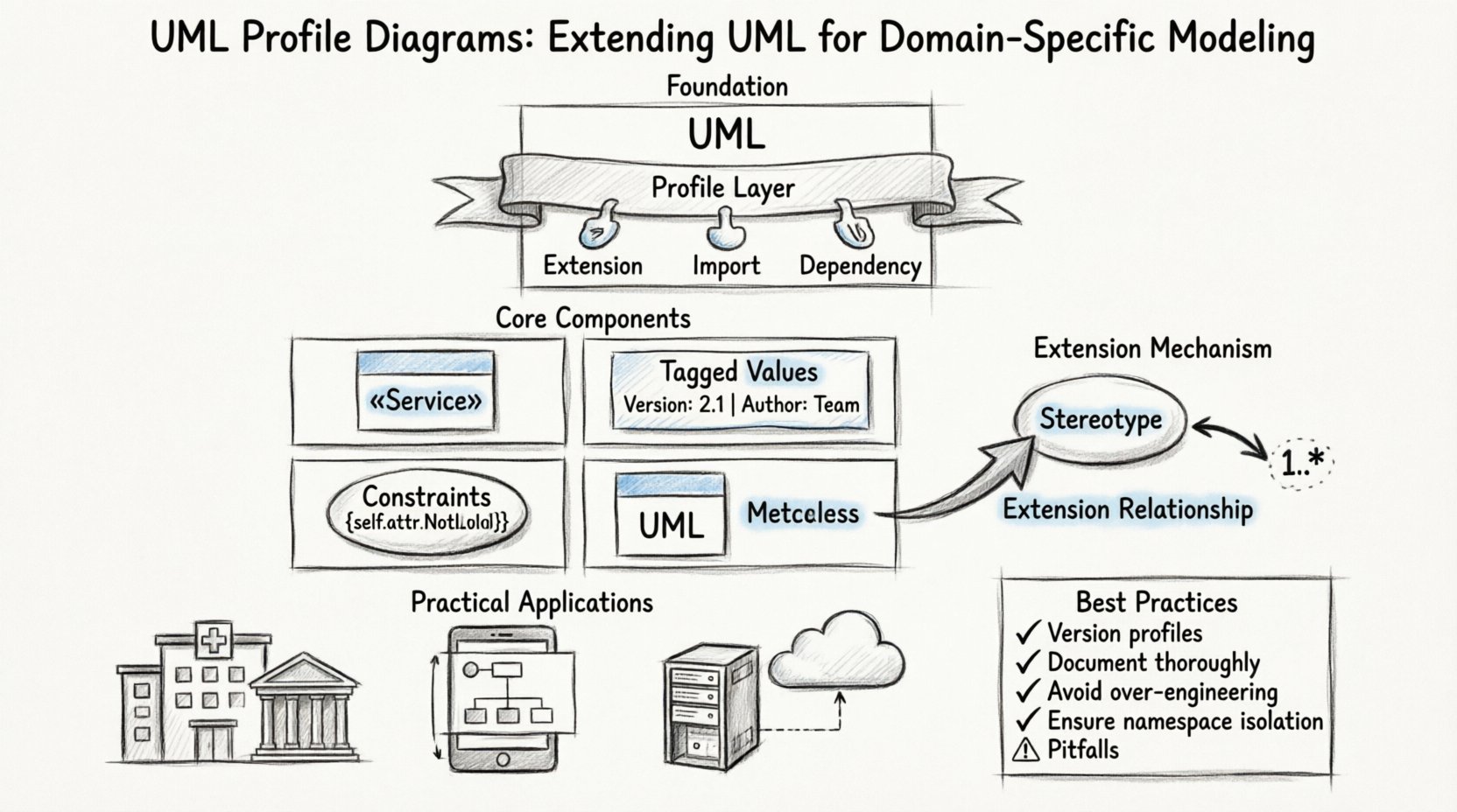 Sketch-style infographic explaining UML Profile Diagram mechanics: stereotypes with guillemet notation, tagged values for metadata, constraints with OCL rules, extension relationships linking stereotypes to metaclasses, and practical applications for domain-specific modeling, platform mapping, and legacy integration