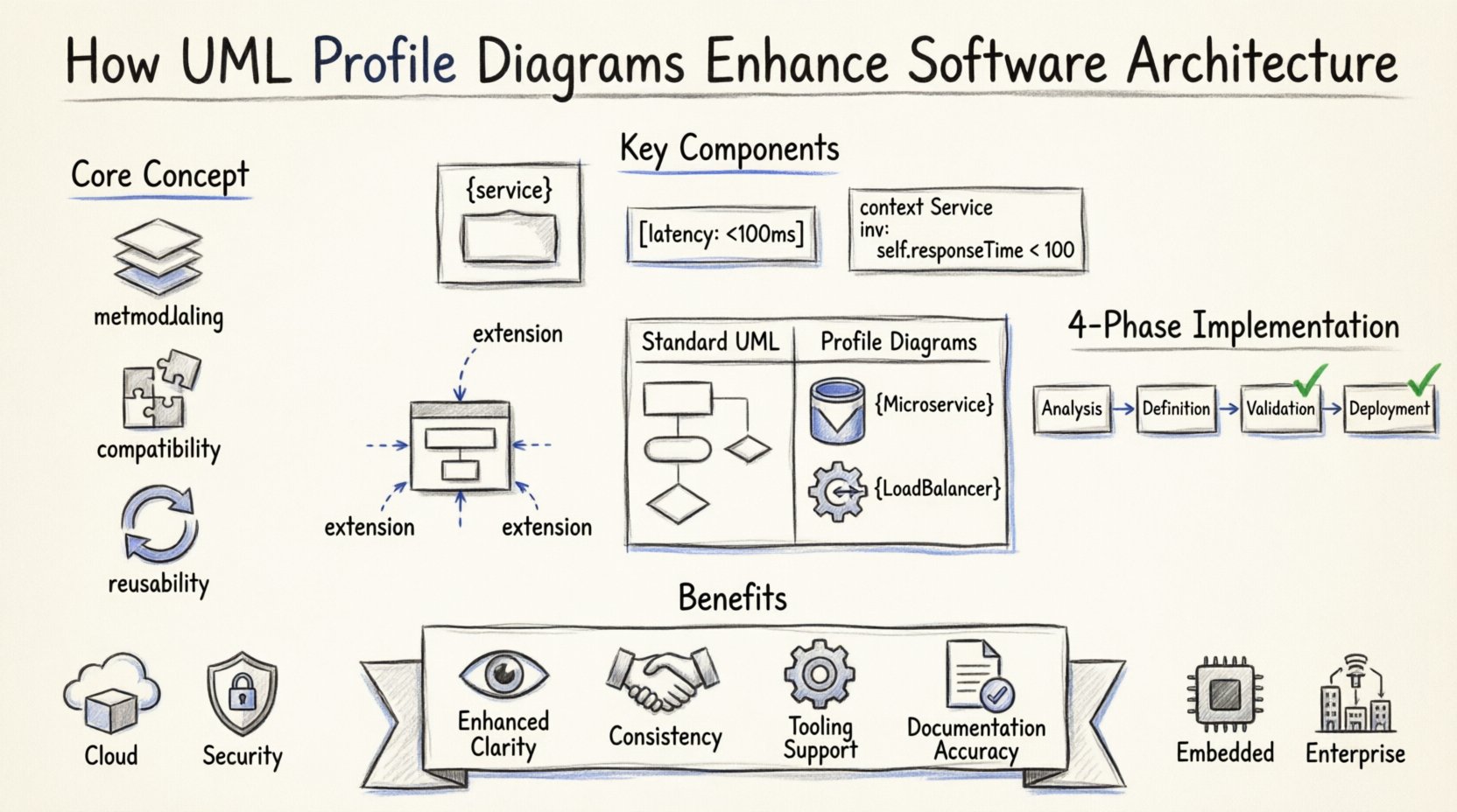 Sketch-style infographic illustrating how UML Profile Diagrams enhance software architecture, featuring core concepts of metamodeling and stereotypes, key components including tagged values and OCL constraints, comparison between standard UML and profile-enhanced diagrams, four-phase implementation strategy (Analysis-Definition-Validation-Deployment), benefits like enhanced clarity and tooling support, and real-world applications in cloud-native, security-critical, embedded, and enterprise integration systems