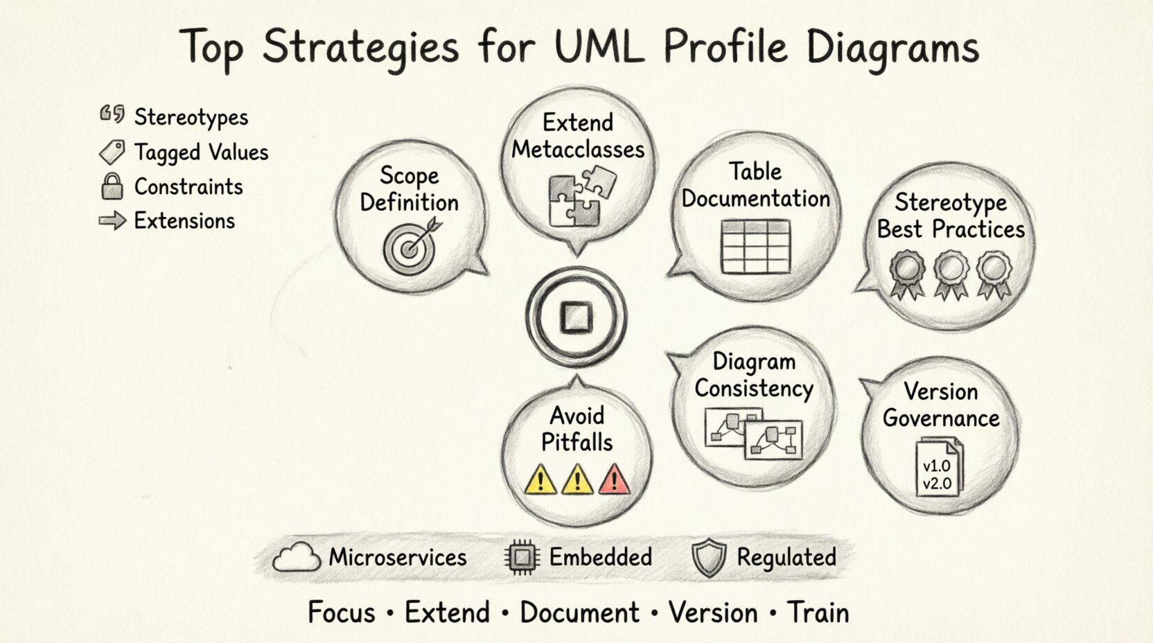 Sketch-style infographic illustrating top strategies for using UML Profile Diagrams: defining scope, extending standard metaclasses, documenting stereotype mappings with tables, managing tagged values, ensuring cross-diagram consistency, implementing version control, and avoiding common pitfalls, with real-world applications for microservices, embedded systems, and regulated industries