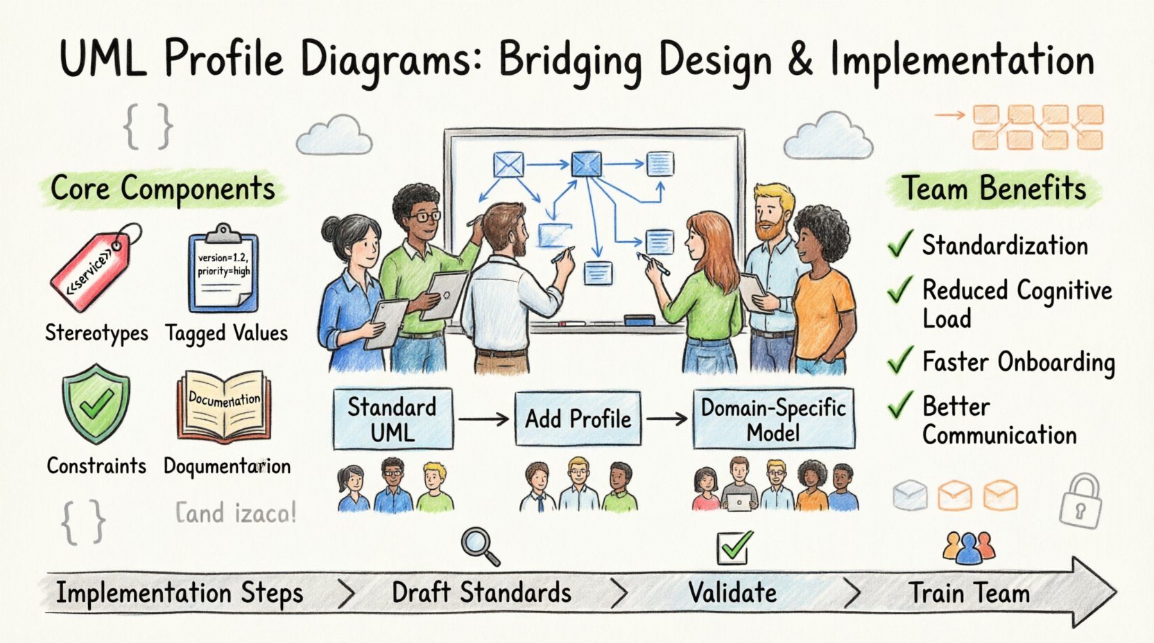 Marker-style infographic showing how UML profile diagrams bridge design and implementation in software teams, featuring core components (stereotypes, tagged values, constraints, documentation), a 4-step implementation workflow (define context, draft standards, validate, train team), and key benefits including standardization, reduced cognitive load, faster onboarding, and improved cross-functional communication for developers, architects, testers, and product owners