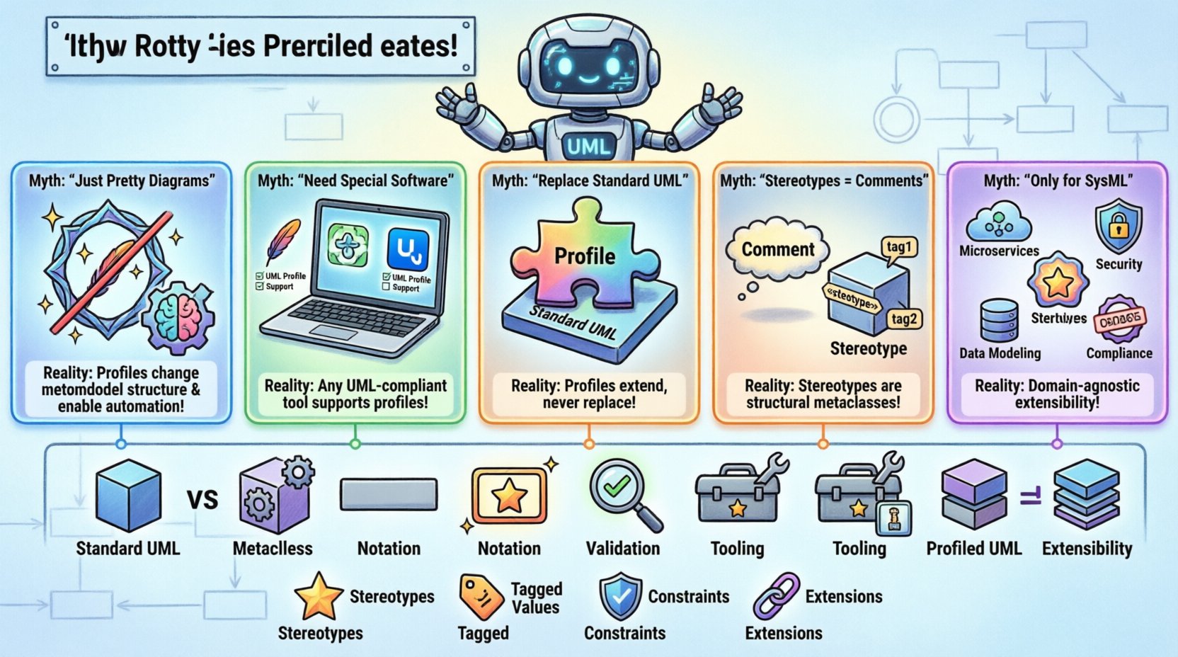 Cartoon infographic debunking 5 common myths about UML Profile Diagrams: showing profiles add semantic power beyond visuals, work in any UML-compliant tool, extend rather than replace standard UML, use structural stereotypes not comments, and apply across all domains—not just SysML; includes key components (stereotypes, tagged values, constraints, extensions) and comparison of Standard vs Profiled UML features