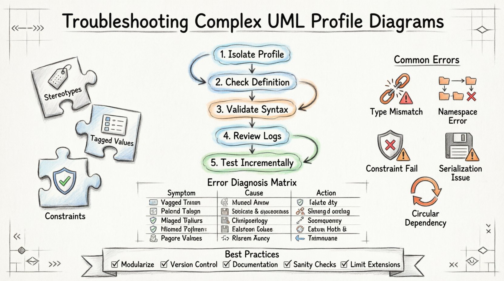 Hand-drawn infographic illustrating a systematic workflow for troubleshooting UML Profile Diagram issues, featuring core components (stereotypes, tagged values, constraints), five common validation failures with visual icons, namespace resolution checklist, error diagnosis matrix with symptoms and solutions, and five best practices for model stability, all rendered in sketchy pencil style with subtle watercolor accents on a 16:9 canvas