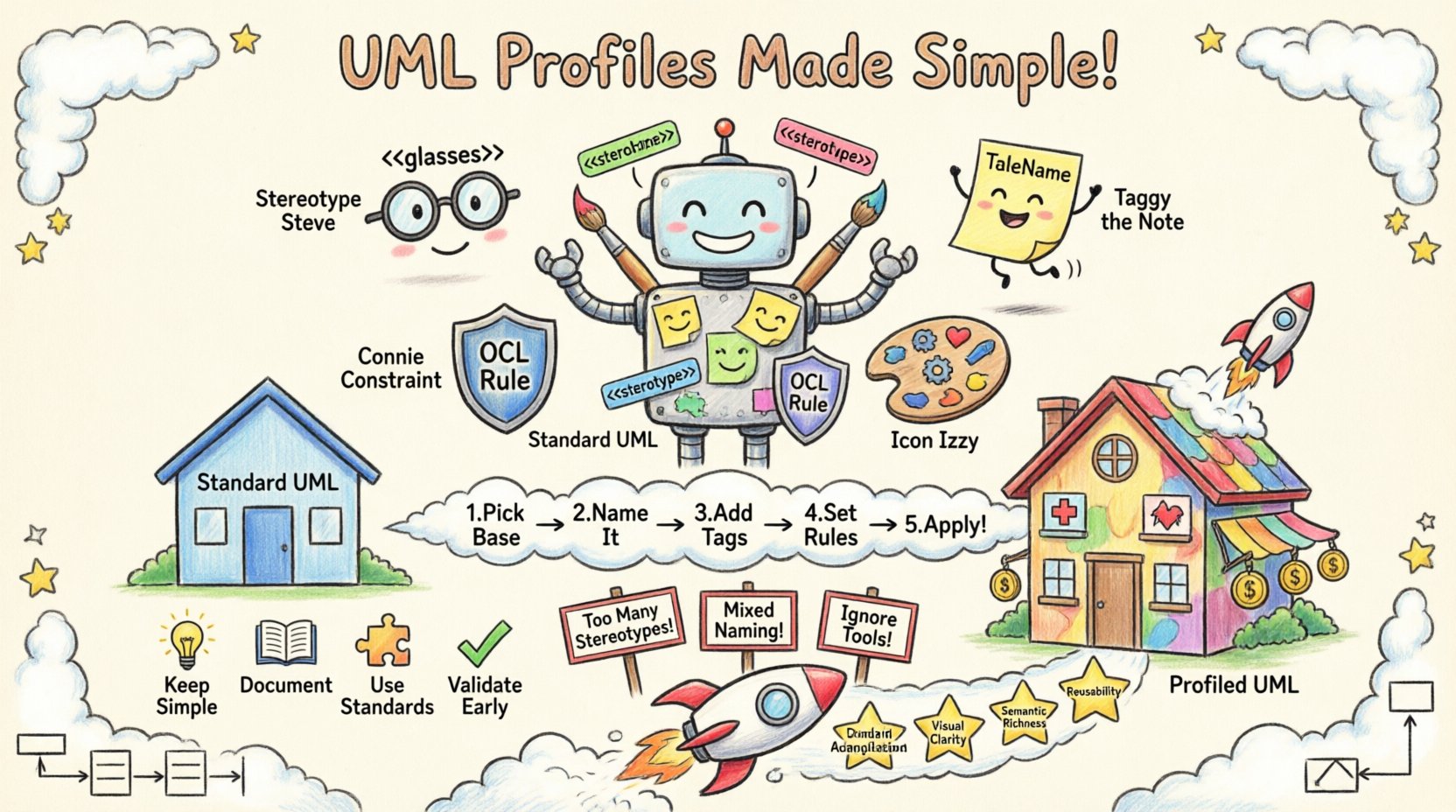 Child's drawing style infographic explaining UML Profile diagrams: shows Standard UML robot receiving colorful extensions including stereotypes with << >> symbols, tagged values, constraints, and custom icons; illustrates the 5-step profile creation process, compares standard vs profiled UML with house metaphors, displays best practices and pitfalls with playful icons, and highlights key benefits like domain adaptation, visual clarity, and reusability for software modeling”/></figure>
</div>
<h2>Understanding the Need for UML Profiles 🤔</h2>
<p>The standard UML specification covers a broad spectrum of software engineering needs. It includes structural diagrams like Class and Object diagrams, behavioral diagrams like State and Activity diagrams, and interaction diagrams like Sequence and Communication diagrams. Despite its breadth, a generic model often fails to capture domain-specific nuances. For instance, a model describing a microservices architecture requires different semantics than a model describing a safety-critical embedded system.</p>
<p>Without profiles, teams might resort to informal annotations or non-standard symbols, leading to confusion and maintenance issues. Profiles solve this by allowing the definition of new stereotypes, tagged values, and constraints that are compliant with the UML standard. This ensures that the extended notation remains machine-readable and interoperable while addressing specific requirements.</p>
<h3>Key Drivers for Extension</h3>
<ul>
<li><strong>Domain Specificity:</strong> Tailoring models for specific industries such as finance, healthcare, or aerospace.</li>
<li><strong>Architectural Patterns:</strong> Encoding common design patterns like MVC or Microservices into reusable constructs.</li>
<li><strong>Tool Interoperability:</strong> Ensuring that specific modeling tools can interpret custom notations correctly.</li>
<li><strong>Constraint Enforcement:</strong> Adding semantic rules that the standard UML does not explicitly define.</li>
</ul>
<h2>Core Components of a UML Profile 🧩</h2>
<p>A profile is essentially a package that extends the UML metamodel. It defines a set of new concepts that can be applied to existing model elements. To build a robust profile, one must understand its fundamental building blocks.</p>
<h3>1. Stereotypes</h3>
<p>Stereotypes are the primary mechanism for extending UML. They allow you to classify a model element in a new way. Visually, they are represented by text enclosed in guillemets (e.g., <<Service>>). Semantically, a stereotype is a specialization of a UML Classifier. When you apply a stereotype to a class, you are defining a new kind of class that inherits from the original definition but adds specific properties.</p>
<h3>2. Tagged Values</h3>
<p>Tagged values allow you to attach additional information to a model element. While UML has standard properties like visibility and multiplicity, tagged values let you define custom attributes. For example, a stereotype representing a database table might have a tagged value for <em>Table Name</em> or <em>Primary Key</em>.</p>
<h3>3. Constraints</h3>
<p>Constraints are rules that restrict the values or relationships allowed within a model. They are often written in Object Constraint Language (OCL). Profiles can define standard constraints that apply to specific stereotypes. For example, a constraint might dictate that a specific type of class must have a constructor.</p>
<h3>4. Icons and Notation</h3>
<p>Visual representation is crucial for model readability. Profiles can define custom icons for stereotypes. This helps distinguish between a standard class and a profiled class at a glance, improving the visual clarity of complex diagrams.</p>
<h2>Defining Stereotypes and Metaclasses 🏗️</h2>
<p>The relationship between a stereotype and a metaclass is the backbone of profile extension. Every stereotype is defined in relation to a specific metaclass. For example, if you create a stereotype for a database table, it is likely based on the <em>Class</em> metaclass. If you create a stereotype for an interface, it is based on the <em>Interface</em> metaclass.</p>
<p>When defining a stereotype, you are essentially creating a new classifier that extends the base metaclass. This means the new element retains all properties of the base element but allows for the addition of new properties via tagged values.</p>
<h3>Step-by-Step Definition Process</h3>
<ol>
<li><strong>Select the Base Metaclass:</strong> Identify which standard UML element the new concept extends. Is it a Class? An Association? A Component?</li>
<li><strong>Create the Stereotype:</strong> Define the name of the stereotype. This name becomes the label used in the model.</li>
<li><strong>Define Tagged Values:</strong> List the additional data points required for this new type of element. Specify data types for each value.</li>
<li><strong>Define Constraints:</strong> Add any logical rules that must be satisfied for the element to be valid.</li>
<li><strong>Apply the Profile:</strong> Once defined, the profile must be applied to the model to make the stereotypes available for use.</li>
</ol>
<h2>Constructing a Profile: A Practical Walkthrough 🛠️</h2>
<p>Creating a profile involves organizing these components into a cohesive package. Below is a conceptual approach to building a profile for a web application architecture.</p>
<h3>Phase 1: Analysis</h3>
<p>Before defining elements, analyze the domain. What concepts are common? In web development, common concepts include Controllers, Models, Views, and API Endpoints. These do not map perfectly to standard UML classes without semantic loss.</p>
<h3>Phase 2: Definition</h3>
<p>Define the stereotypes based on the analysis.</p>
<ul>
<li><strong><<Controller>></strong>: Extends Class. Tagged values: <em>Handler Method</em>, <em>Route Path</em>.</li>
<li><strong><<Model>></strong>: Extends Class. Tagged values: <em>Table Name</em>, <em>Validation Rules</em>.</li>
<li><strong><<View>></strong>: Extends Component. Tagged values: <em>Template Engine</em>, <em>Asset Path</em>.</li>
</ul>
<h3>Phase 3: Documentation</h3>
<p>Each stereotype should be documented within the profile package. Explain what the stereotype represents, when to use it, and any restrictions. This ensures that other team members understand the intent behind the extension.</p>
<h2>Managing Dependencies and Namespaces 🌐</h2>
<p>Profiles often depend on other profiles or standard UML libraries. Proper management of namespaces is critical to avoid naming collisions. A profile is typically contained within a package that defines its namespace.</p>
<h3>Importing and Extending</h3>
<p>If a profile relies on existing standard elements, it must import the relevant packages. For example, if you are extending the <em>Component</em> diagram, you must ensure the standard Component package is accessible. Dependencies between profiles should be explicit.</p>
<h3>Version Control</h3>
<p>As models evolve, profiles may need updates. Versioning profiles ensures that models created with an older version of the profile do not break when the profile is updated. This is particularly important in large organizations where multiple teams use the same modeling standards.</p>
<h2>Comparison: Standard UML vs. Profiled UML 📊</h2>
<p>Understanding the differences helps in deciding when to use a profile.</p>
<table>
<thead>
<tr>
<th>Feature</th>
<th>Standard UML</th>
<th>UML Profile</th>
</tr>
</thead>
<tbody>
<tr>
<td><strong>Scope</strong></td>
<td>General purpose, generic</td>
<td>Specific to domain or architecture</td>
</tr>
<tr>
<td><strong>Extensibility</strong></td>
<td>Fixed set of elements</td>
<td>Extensible via stereotypes</td>
</tr>
<tr>
<td><strong>Notation</strong></td>
<td>Standard icons and lines</td>
<td>Custom icons and labels allowed</td>
</tr>
<tr>
<td><strong>Constraints</strong></td>
<td>Basic structural rules</td>
<td>Custom semantic rules via OCL</td>
</tr>
<tr>
<td><strong>Interoperability</strong></td>
<td>High, universally supported</td>
<td>Depends on tool support for the profile</td>
</tr>
</tbody>
</table>
<h2>Best Practices for Implementation ✅</h2>
<p>To ensure that profiles remain maintainable and useful, adhere to the following guidelines.</p>
<h3>1. Keep It Simple</h3>
<p>Do not over-engineer the profile. If a standard stereotype can be used with a tag, prefer that over creating a new stereotype. Every new stereotype adds cognitive load to the model.</p>
<h3>2. Documentation is Key</h3>
<p>A profile without documentation is a burden. Clearly explain the purpose of each stereotype. Include examples of how the stereotype should be used in a diagram.</p>
<h3>3. Use Existing Standards</h3>
<p>Before creating a new profile, check if an existing industry standard exists. For example, SysML is a profile of UML specifically for systems engineering. Using established standards promotes better tool support and community adoption.</p>
<h3>4. Validate Early</h3>
<p>Test the profile on small models before deploying it organization-wide. Ensure that the constraints and tagged values behave as expected. Check for conflicts with standard UML rules.</p>
<h2>Common Pitfalls to Avoid ⚠️</h2>
<p>Even experienced modelers can make mistakes when extending UML. Awareness of common errors can save significant time.</p>
<ul>
<li><strong>Overuse of Stereotypes:</strong> Creating too many stereotypes makes the model hard to read. Stick to the most critical distinctions.</li>
<li><strong>Inconsistent Naming:</strong> Use consistent naming conventions for stereotypes and tagged values. Avoid mixing camelCase and snake_case.</li>
<li><strong>Ignoring Tool Limitations:</strong> Not all modeling tools support the full range of profile features. Check tool compatibility before finalizing the profile.</li>
<li><strong>Complex Constraints:</strong> Avoid overly complex OCL constraints that make the profile hard to validate. Keep constraints focused on business logic.</li>
</ul>
<h2>Integration with Other Modeling Standards 🔄</h2>
<p>Profiles are not isolated. They often interact with other modeling languages and standards. SysML, for example, extends UML for systems engineering. Domain Specific Modeling (DSM) often uses profile concepts to create entirely new notations.</p>
<h3>Profile vs. DSL</h3>
<p>Domain Specific Languages (DSLs) can be built using profiles. By defining a set of stereotypes and constraints, you create a mini-language within UML. This allows for high-level modeling of specific domains without leaving the UML ecosystem.</p>
<h3>Cross-Profile Integration</h3>
<p>In large systems, multiple profiles might be used simultaneously. For instance, one profile might handle database modeling, while another handles network topology. Managing the relationships between these profiles requires careful namespace management and dependency tracking.</p>
<h2>Conclusion on Profile Utility 💡</h2>
<p>Extending UML with profile diagrams is a powerful technique for aligning abstract models with concrete domain requirements. It bridges the gap between the generic nature of standard UML and the specific needs of modern software and systems engineering. By following structured approaches to defining stereotypes, tagged values, and constraints, teams can create robust, reusable, and clear models.</p>
<p>While the process requires careful planning and adherence to best practices, the result is a modeling environment that is both flexible and disciplined. Profiles enable organizations to maintain a high level of abstraction while capturing the specific details necessary for successful implementation.</p>
<h2>Summary of Capabilities 🚀</h2>
<ul>
<li><strong>Standard Compliance:</strong> Profiles extend UML without breaking the standard.</li>
<li><strong>Domain Adaptation:</strong> Tailor models to specific business or technical domains.</li>
<li><strong>Visual Clarity:</strong> Use custom icons and labels for better diagram readability.</li>
<li><strong>Semantic Richness:</strong> Add constraints and tagged values to enforce business rules.</li>
<li><strong>Reusability:</strong> Share profiles across projects and teams.</li>
</ul>
<p>By mastering the mechanics of profile diagrams, architects and modelers can ensure that their documentation remains relevant, accurate, and valuable throughout the lifecycle of a system.</p> </div><!-- .entry-content -->
</article>
<div class=